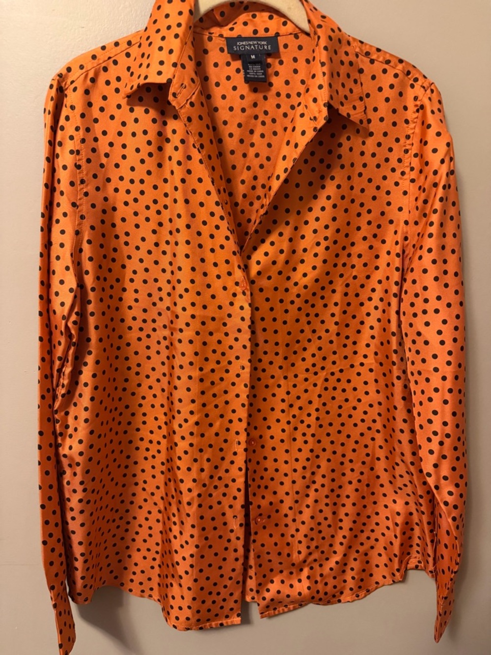 Jones New York 100% Silk Women’s Orange Polka Dot Button-Up Shirt